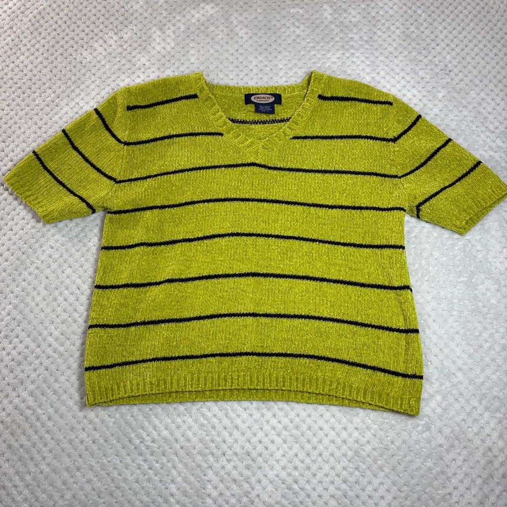 Vintage Jordache Fashion Green Striped Short Sleeve Sweater V-Neck 90s Grunge L
